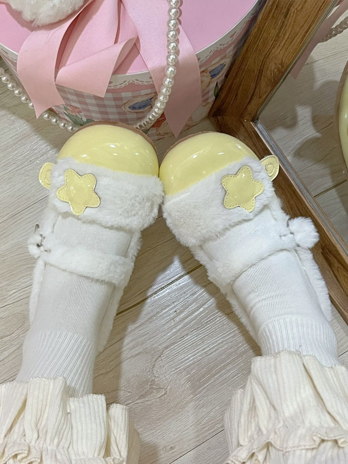 Gelbe Lolita-Ballerinas aus Plüsch und Leder PU mit Sternriemenknopf und Fleece-gefüttertem Druckknopf