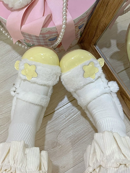 Gelbe Lolita-Ballerinas aus Plüsch und Leder PU mit Sternriemenknopf und Fleece-gefüttertem Druckknopf