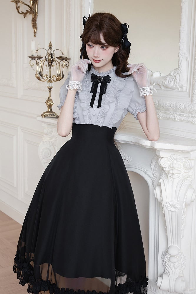 Gray Ruffled Blouse & Black Long Skirt Fake Two Pieces Lolita Dress - With PUJI