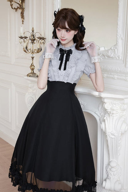 Gray Ruffled Blouse & Black Long Skirt Fake Two Pieces Lolita Dress - With PUJI