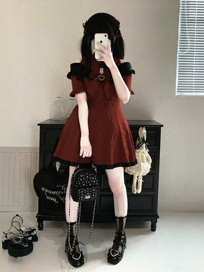 Cutout Shoulder Jacquard Dress with Ruffles, Bow Details, 4 Shades - Kitty Bxllet