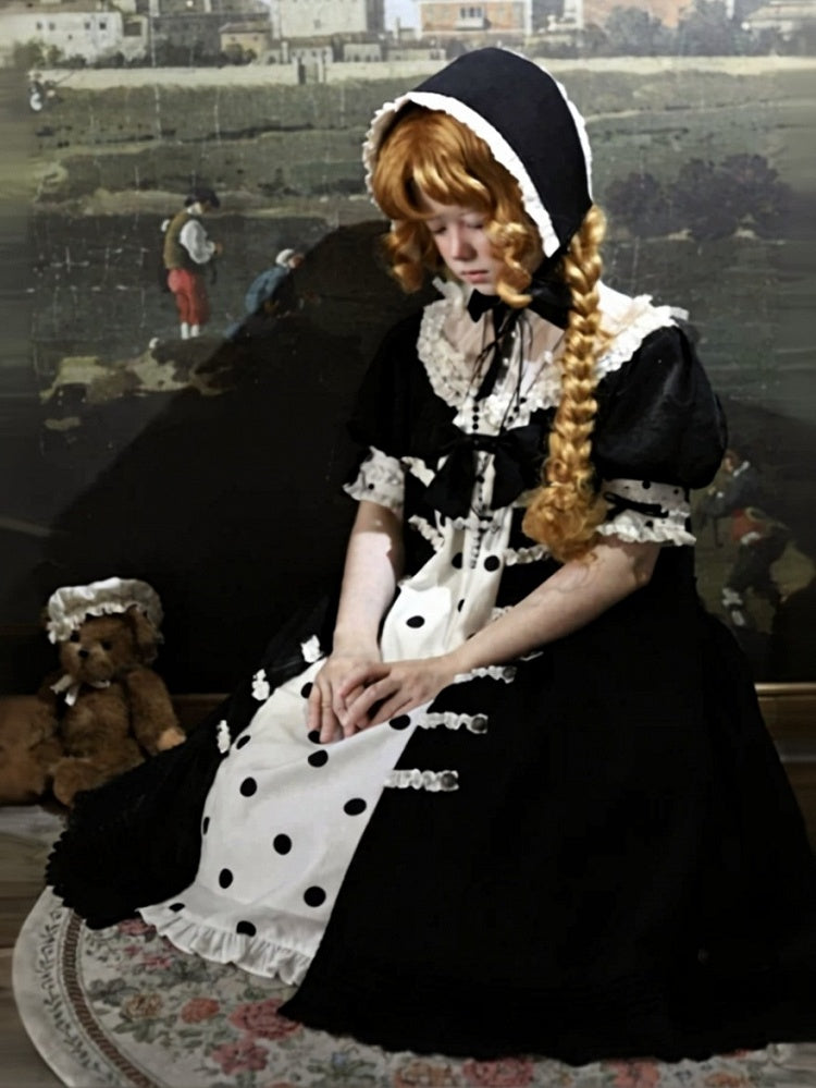 Vintage Gothic Puff Sleeve Lolita Doll Dress with Polka Dot and Lace - Charing Cross