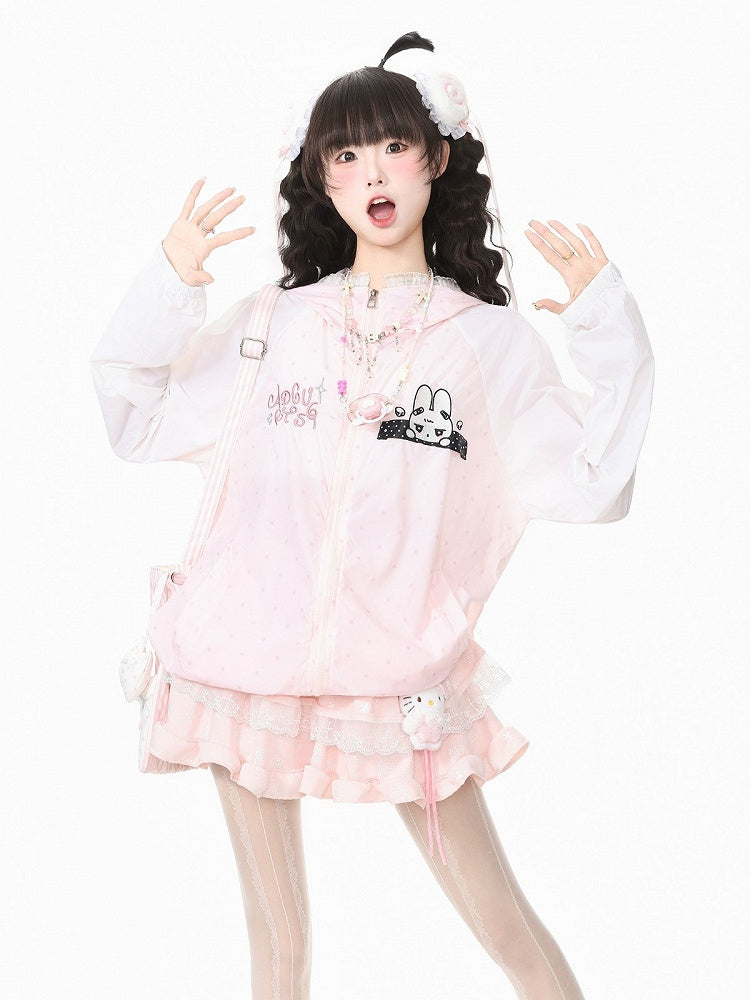 Cute Pink Bunny-Ear Hooded Sun Coat with Polka Dots