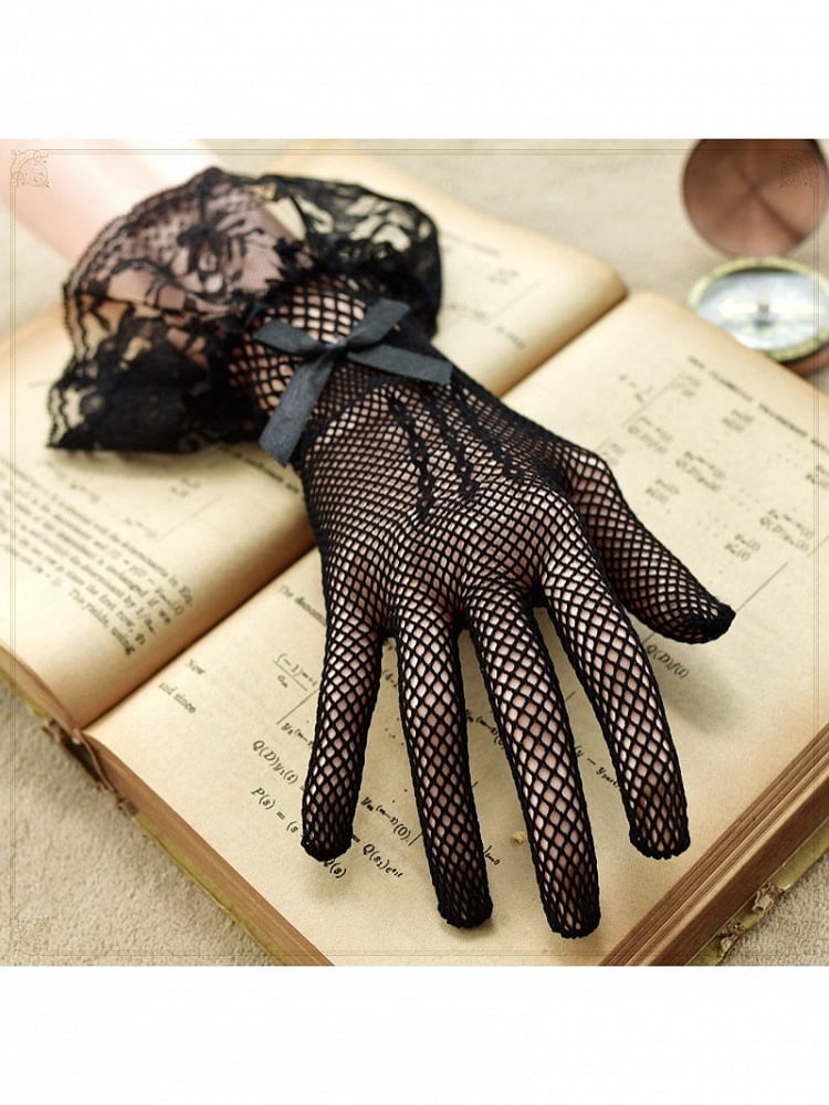 Gothic 2-Color Lace Mesh Gloves with Bow Detail - Mr. Cat