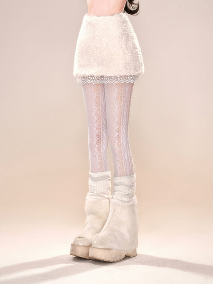 ホワイト/ブラックレーストリム厚手スカート