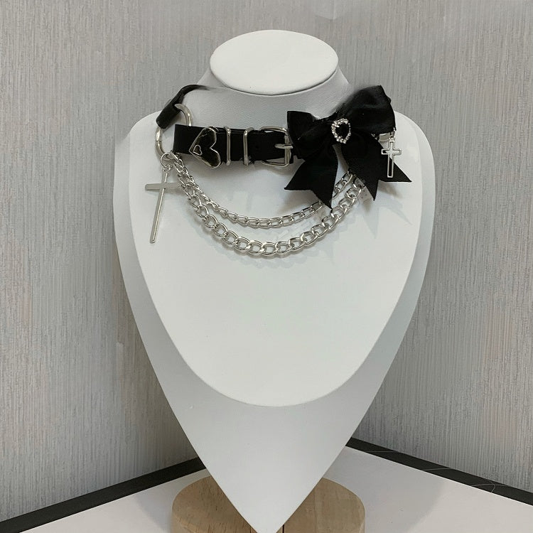 Black Bowknot Rhinestone Cross Buckle Choker with Double Layered Chain