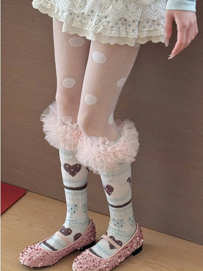 Socks Tulle Sweet Ruffle Pattern Heart Pink with Trim Calf