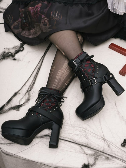 Gothic Lacing Crisscross Studded System PU Dual Black Fastening Boots Details - with High-heel Ankle