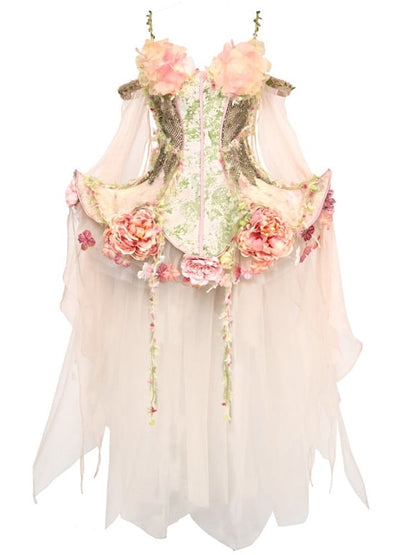 Tulle Goth Fairy Pink and Overlay Floral Green Corset Boned Forest + Petticoat Sleeves