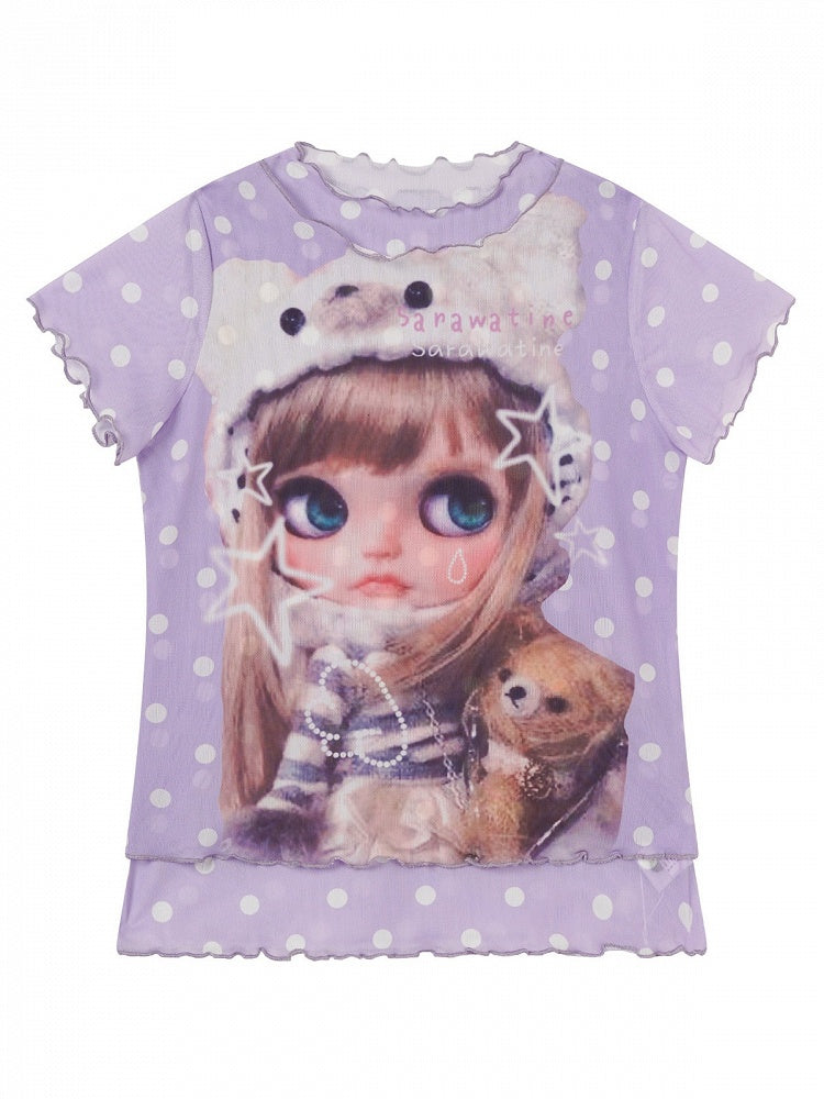 Purple Mesh Tee with Cartoon Girl & Polka Dot Motif - Languid Park