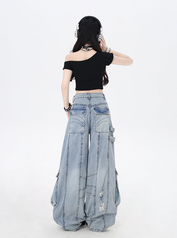 Rise Distressed Holes Jeans Blau Weites Bein Cargo Niedrig