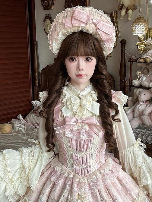 Pink Bow Sweet Bonnet Lolita Lace-trimmed with Beige