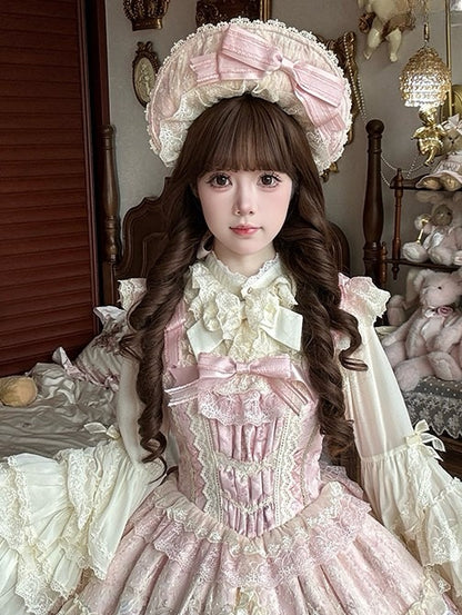 Pink Bow Sweet Bonnet Lolita Lace-trimmed with Beige