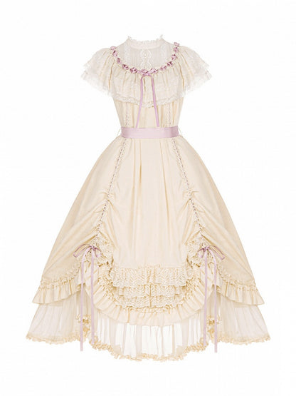 Beige Rosette Jacquard OP Dress with Ruffles - With PUJI