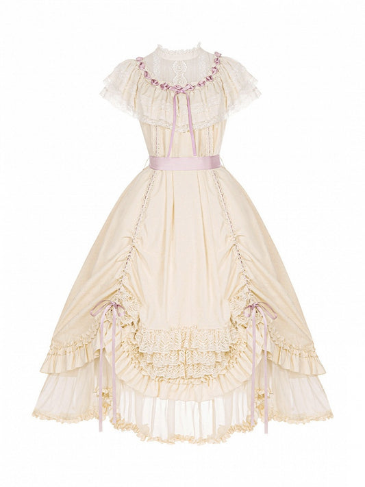 Beige Rosette Jacquard OP Dress with Ruffles - With PUJI