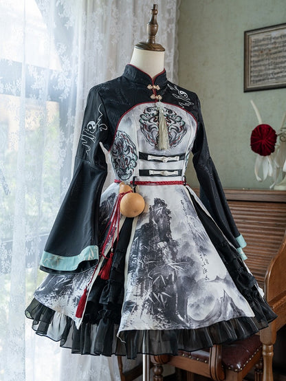 Tassels Lolita Bell Dress with Sleeves Ink-Painting and Black White Style