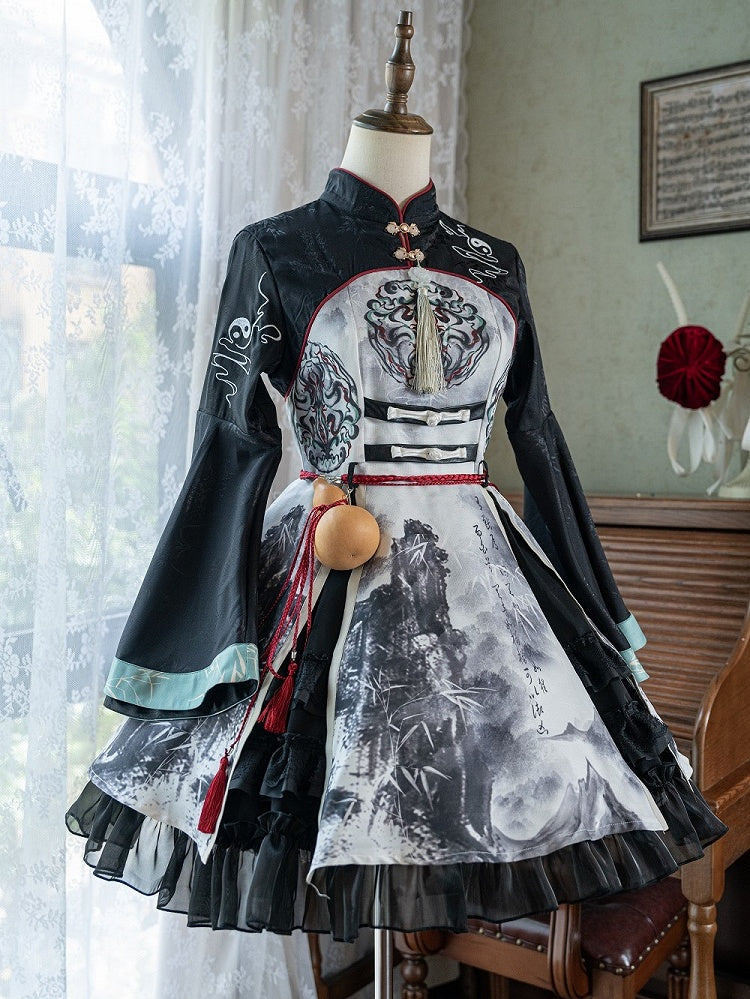 Tassels Lolita Bell Dress with Sleeves Ink-Painting and Black White Style