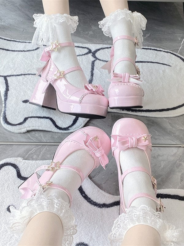 Top at Lolita Pink Heel Mary Star Bow PU - Janes Details 8cm Elegant