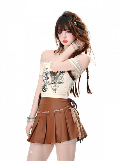 アプリコット/ブラウン オフショルダー ネックライン レーストリム ベアプリント グラマラス クロップドTシャツ