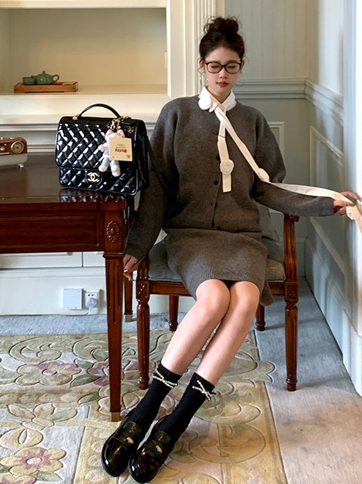 Black/Milk White Rhinestone Bowknot Calf Socks