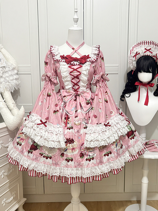 Lolita Bell Kurzes Printkleid Erdbeere mit rosa abnehmbaren süßen Ärmeln Kuchen