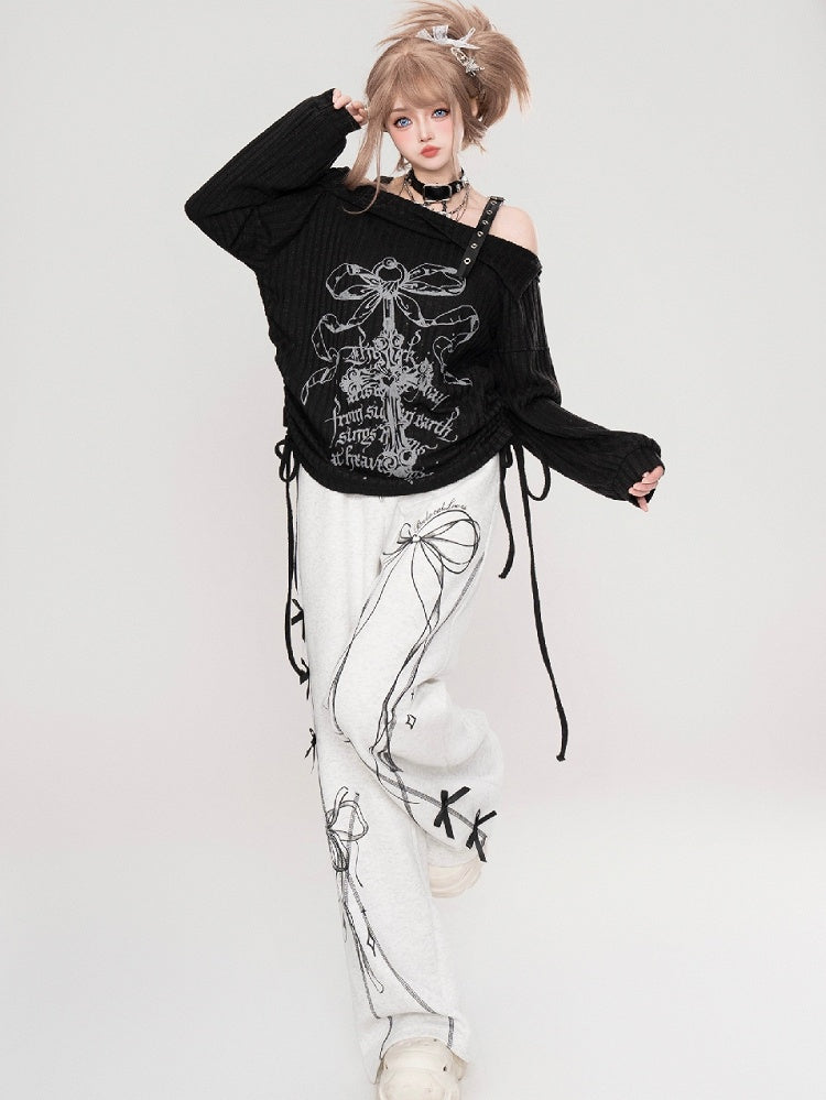 White/Beige/Black Cross Off-Shoulder Top Drawstrings at Side