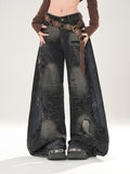 Jeans Design Distressed Black Patchwork Wide-Leg with