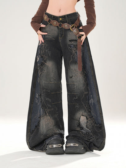 Jeans Design Distressed Black Patchwork Wide-Leg with