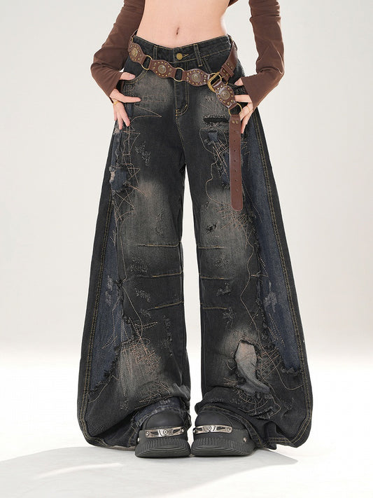 Jeans Design Distressed Black Patchwork Wide-Leg with