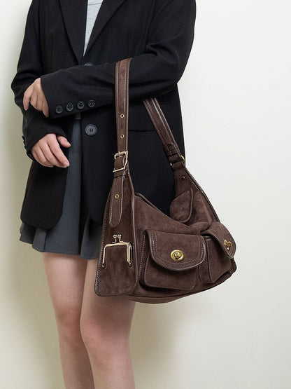 Vintage Brown Single-Shoulder Tote Bag With Gold-tone Hardware - Spacious And Elegant