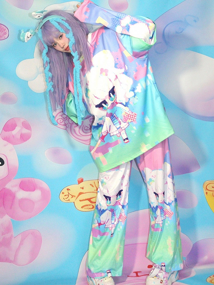 Y2K ストレートレッグ カラフルプリント カートゥーンパンツ カット