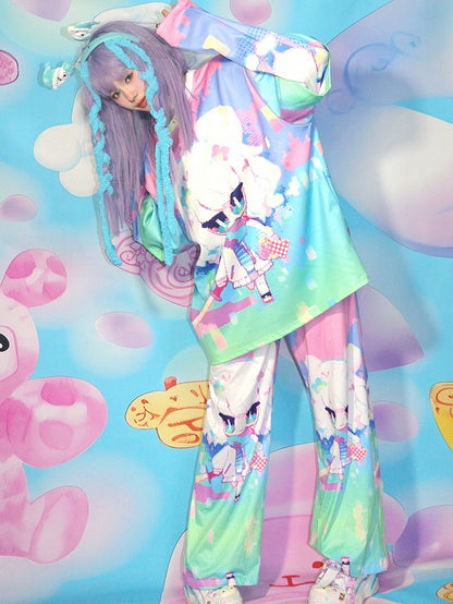 Y2K ストレートレッグ カラフルプリント カートゥーンパンツ カット