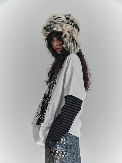Graffiti Crossed White Shoulder Cut-Out Sleeve with V-Neck Punk Ties Striped Tee
