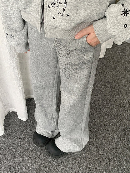 Waist Flared Rhinestone Gray Drawstring Pants with Heart Design