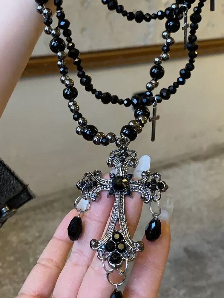 Gothic Beaded Layered Necklace with Cross Pendant - YSHXS