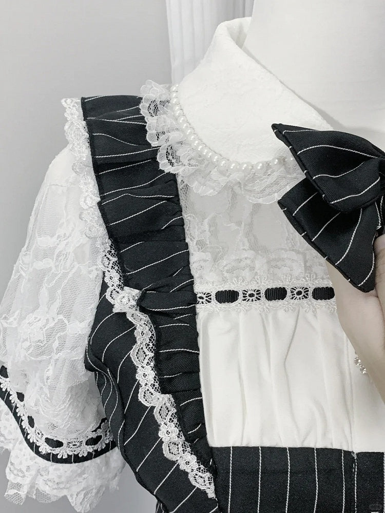 Mini Dress + Shorts Lace-up Back Neckline Illusion + Black Striped Jirai Kei Set- Bow Tie