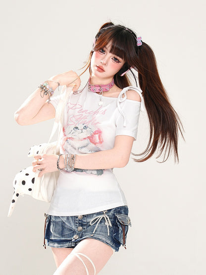 Entzückendes Kätzchen-Print Blau/Weiß T-Shirt Asymmetrischer Ausschnitt Glamourös