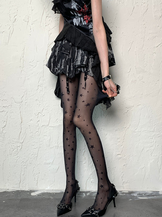 Tights Print Y2K Star Black