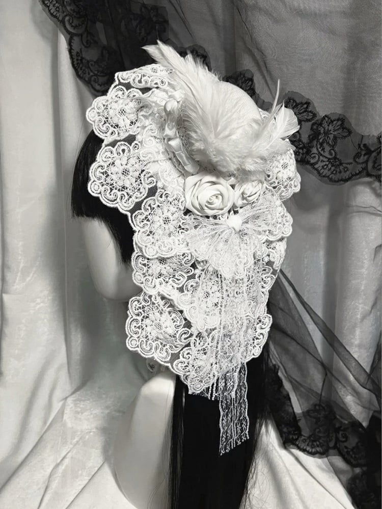 Gothic Lace Mini Hat with Feather Decor - Custom Made Earrings