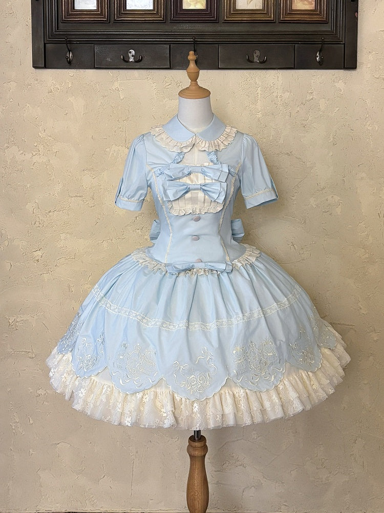 Blue Old School Lolita Cotton OP Dress with Embroidered Scallop Trim Skirt - Secret Tea Party