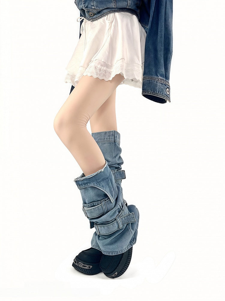 Warmers Style Y2K Asymmetric with Denim Straps Leg Design Blue Buckle