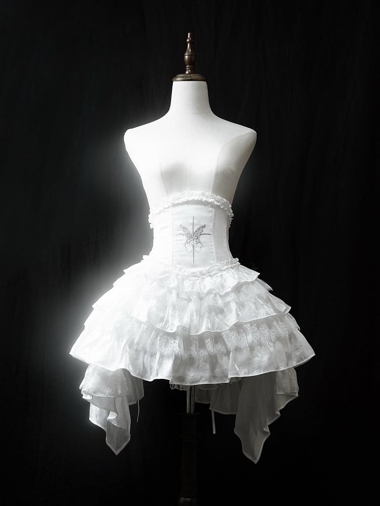 Corset Butterfly Gothic Lolita with Waist Boned Embroidery Tiered White Skirt