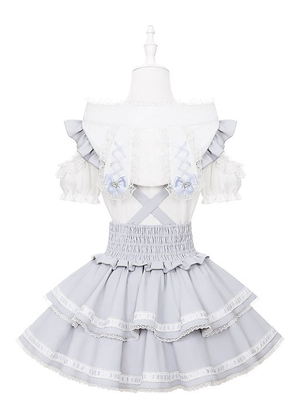 Light Dusty Blue Double-Layer Overall Skirt with Lace Trim - Puppet Bombs