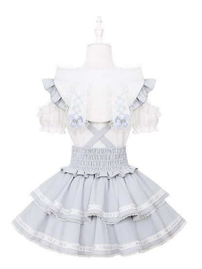 Light Dusty Blue Double-Layer Overall Skirt with Lace Trim - Puppet Bombs
