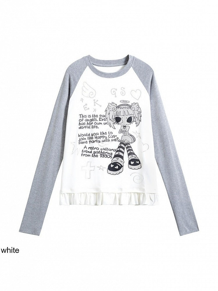 Colorblock Round Neck Long Sleeve Ruffle Hem Top with Cartoon Print - Solkatt