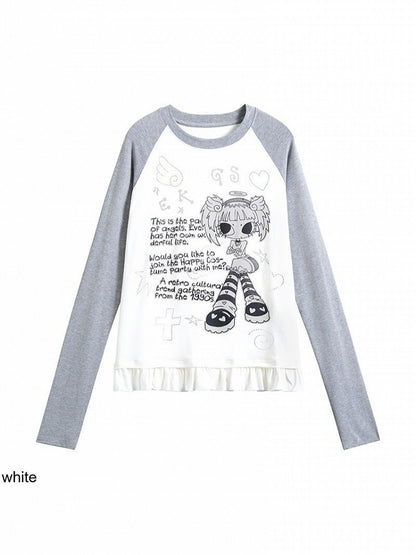 Colorblock Round Neck Long Sleeve Ruffle Hem Top with Cartoon Print - Solkatt