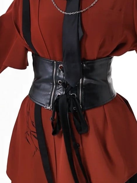 Corset Zipper Belt with and PU Crisscross Detail Lace-Up Black