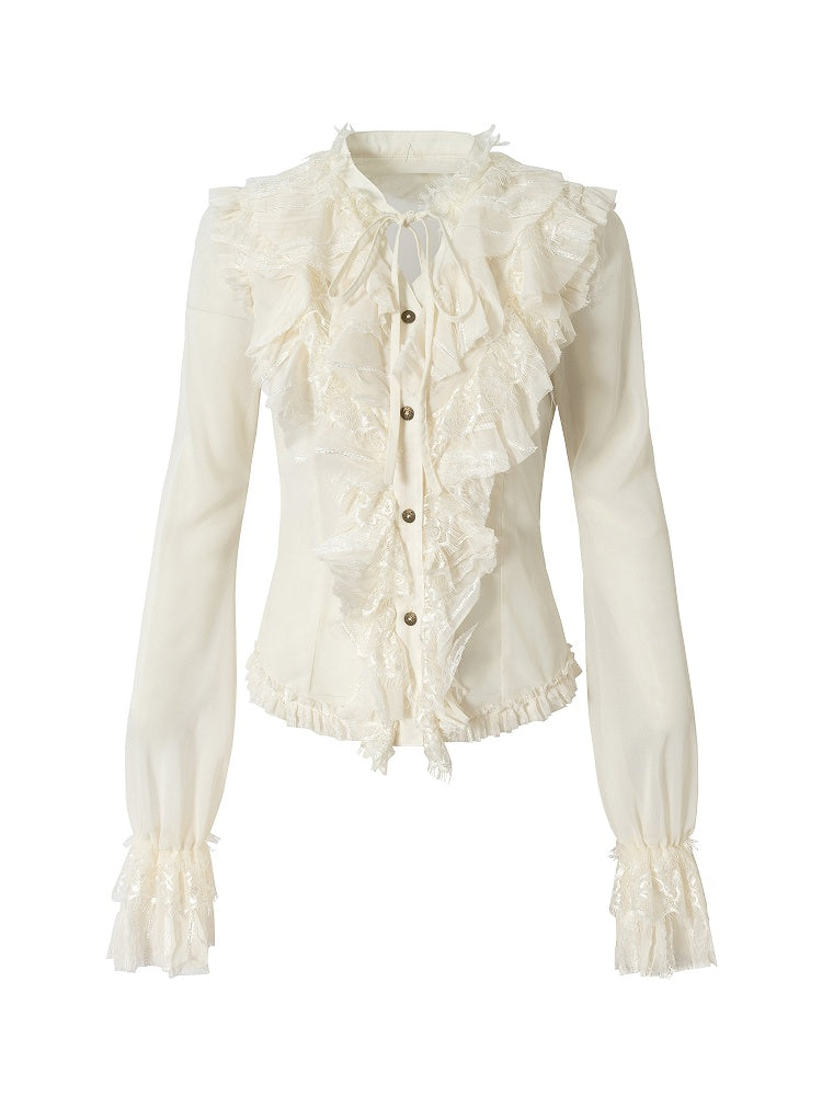 Vintage Flounce Tiered Princess Detail Beige Blouse Tie-Neck with Lace