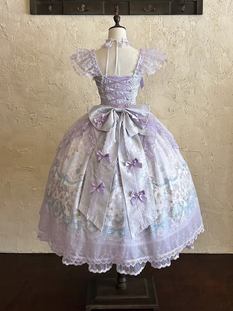 Purple Lily Print Lolita JSK Gown with Tulle Overlay and Back Bow Set - White Sugar Girl