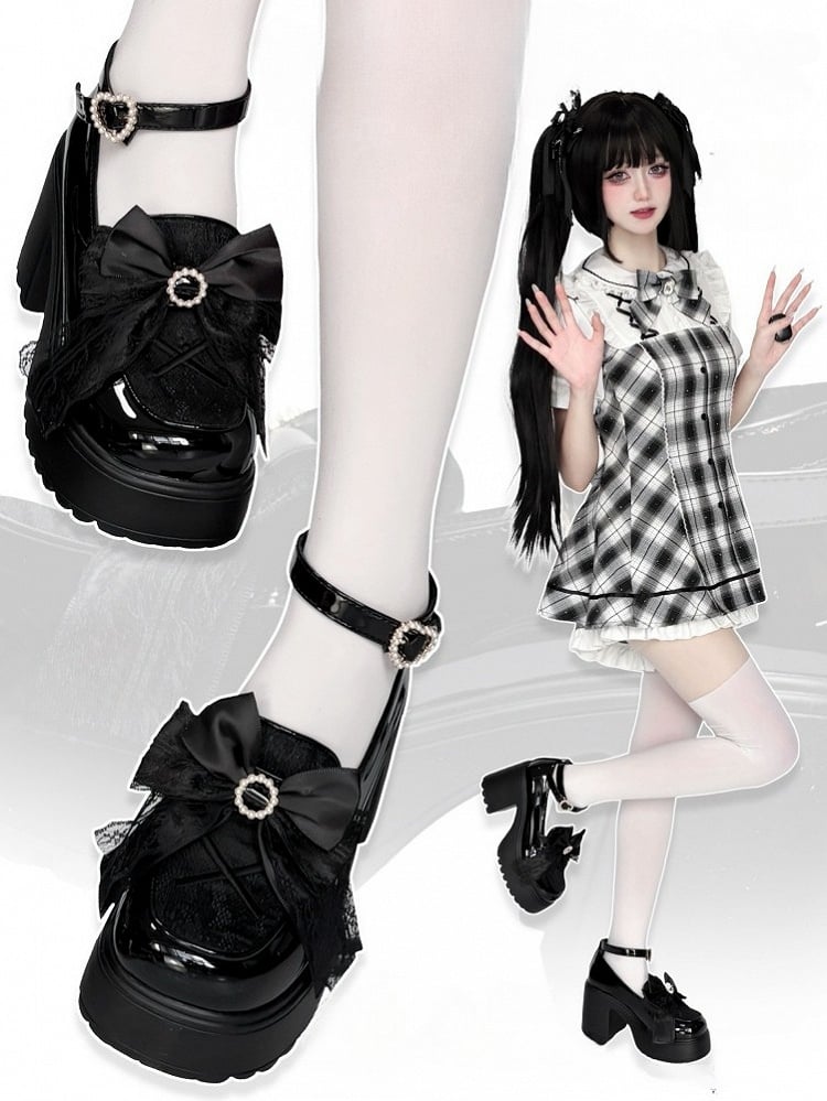 Bow High Block Kei Jirai Top Schwarz Perlen Plateau Heels Sohle PU Dekor mit
